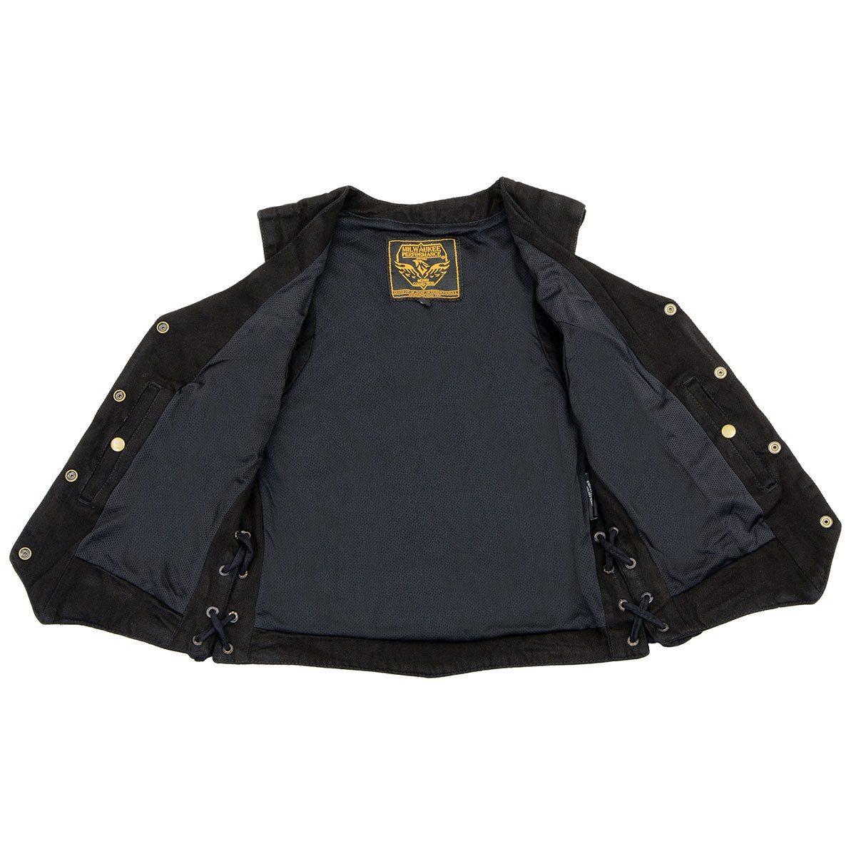 MDL4001 Women's Black Denim Motorcycle Vest with Side Lace and 4 Snap Front