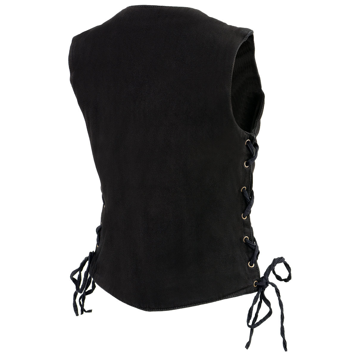 MDL4001 Women's Black Denim Motorcycle Vest with Side Lace and 4 Snap Front