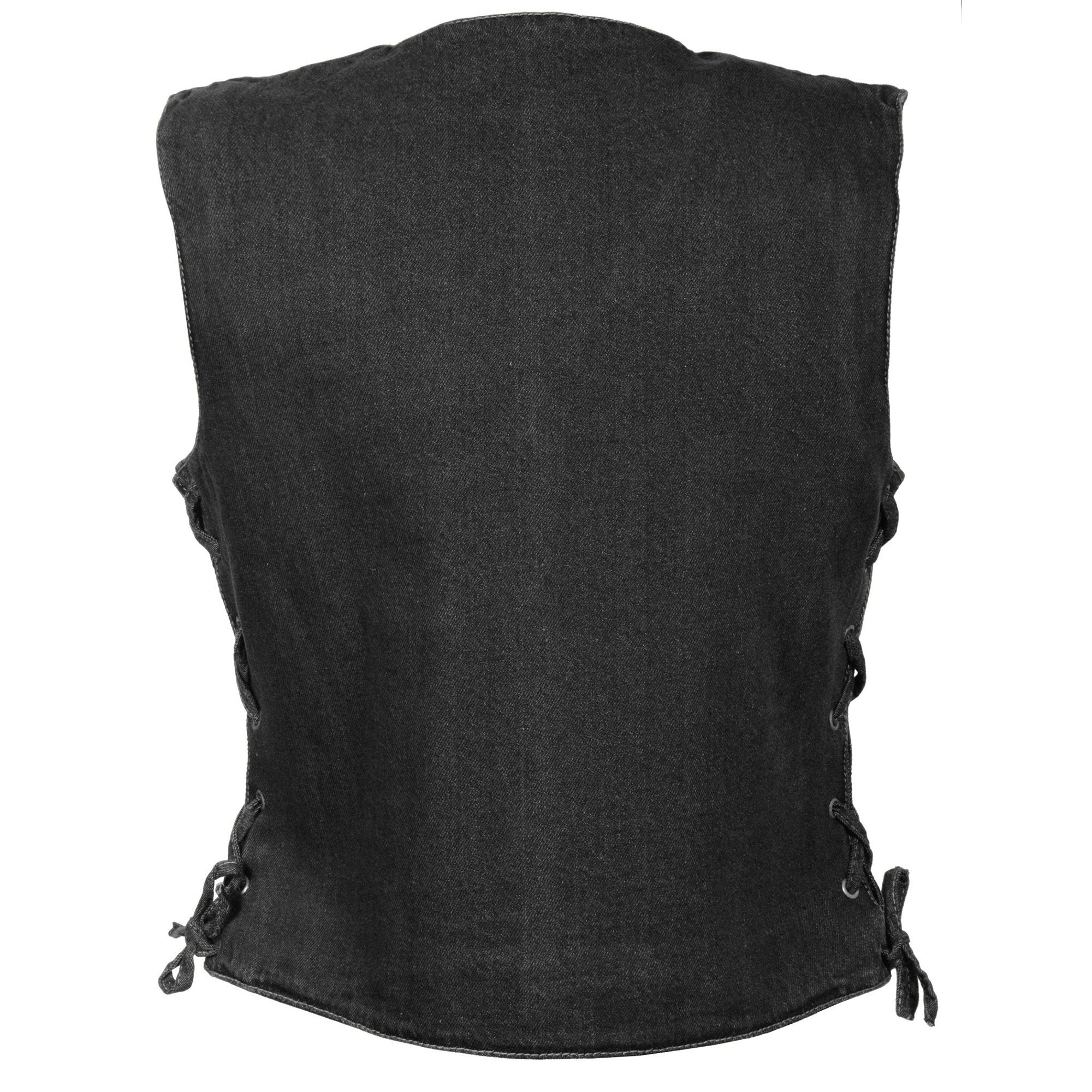 MDL4001 Women's Black Denim Motorcycle Vest with Side Lace and 4 Snap Front