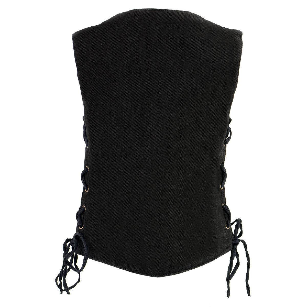 MDL4001 Women's Black Denim Motorcycle Vest with Side Lace and 4 Snap Front