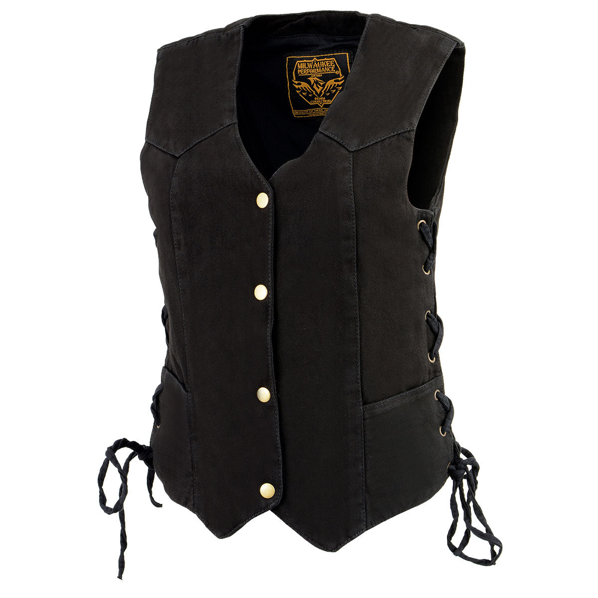 MDL4001 Women's Black Denim Motorcycle Vest with Side Lace and 4 Snap Front