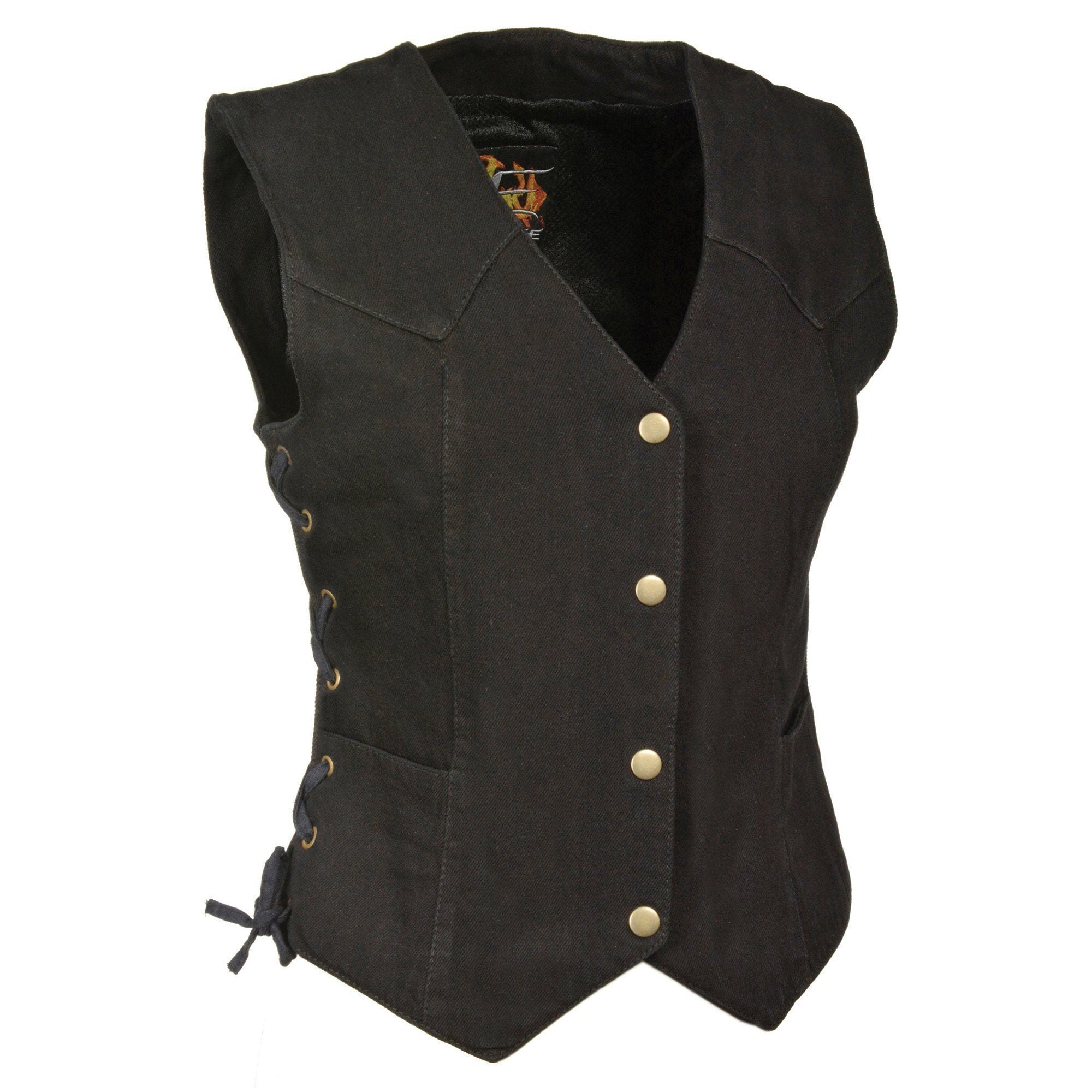 MDL4001 Women's Black Denim Motorcycle Vest with Side Lace and 4 Snap Front