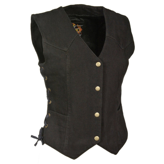 MDL4001 Women's Black Denim Motorcycle Vest with Side Lace and 4 Snap Front