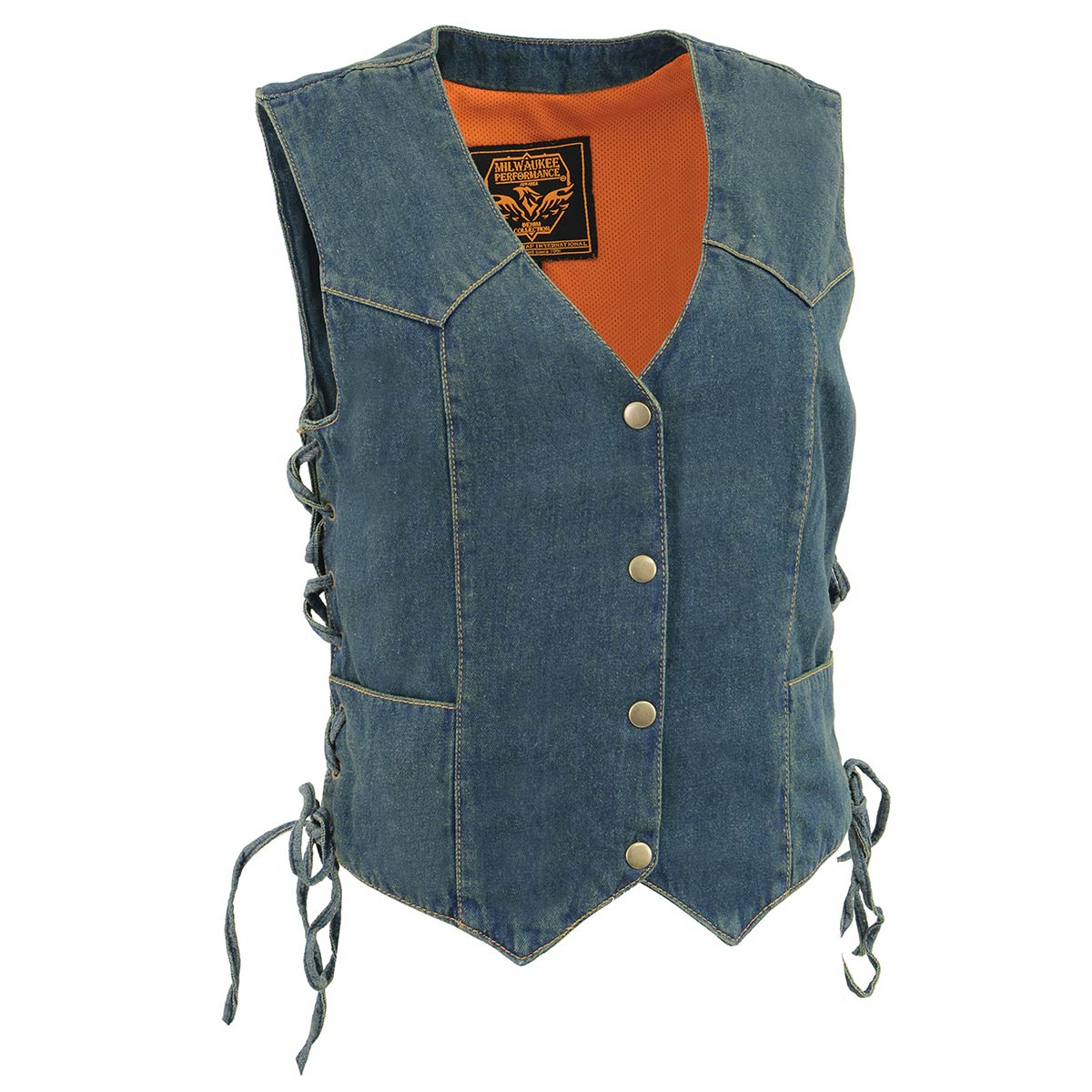 MDL4001 Women's Blue Side Lace 4 Snap Front Denim Vest