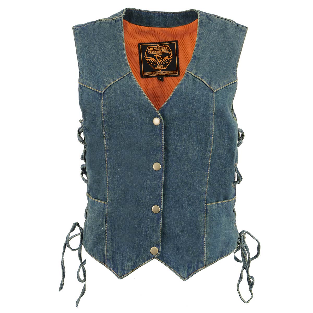 MDL4001 Women's Blue Side Lace 4 Snap Front Denim Vest