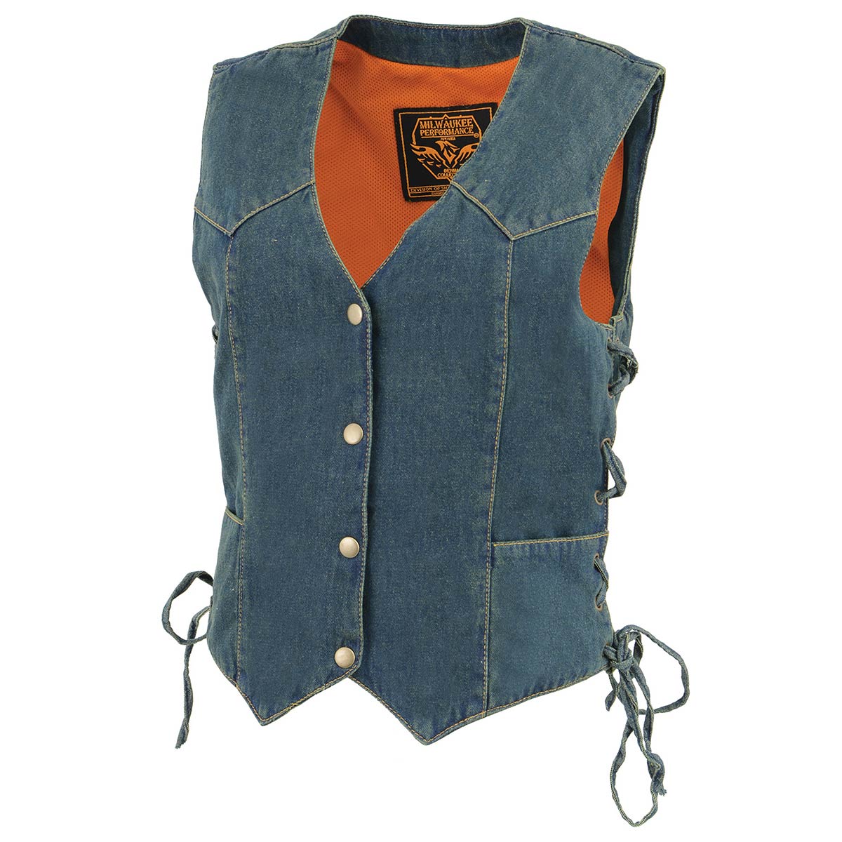MDL4001 Women's Blue Side Lace 4 Snap Front Denim Vest