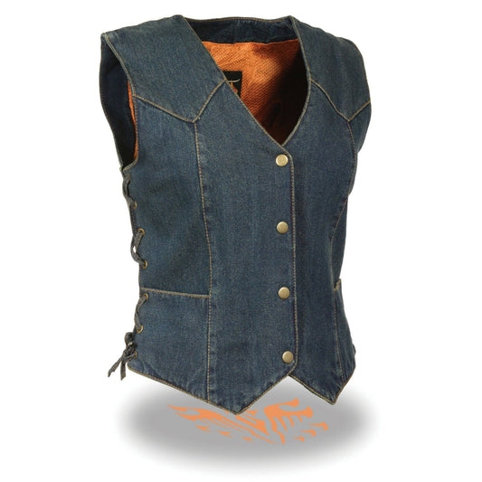 MDL4001 Women's Blue Side Lace 4 Snap Front Denim Vest