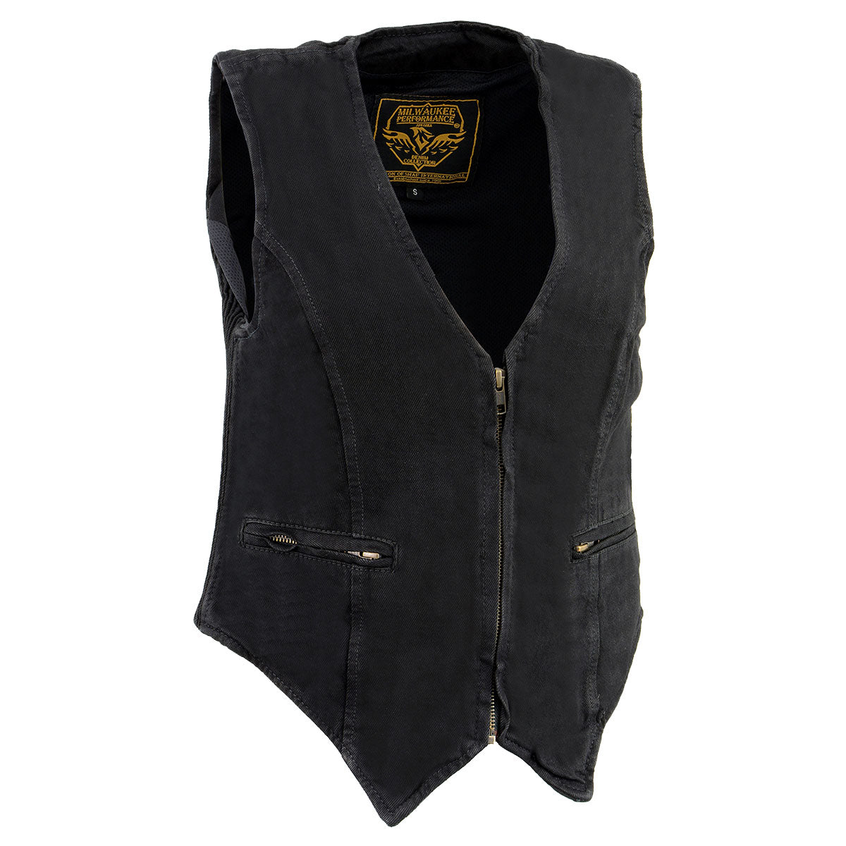 MDL4010 Women's Black Zipper Front Denim Vest with Side Stretch