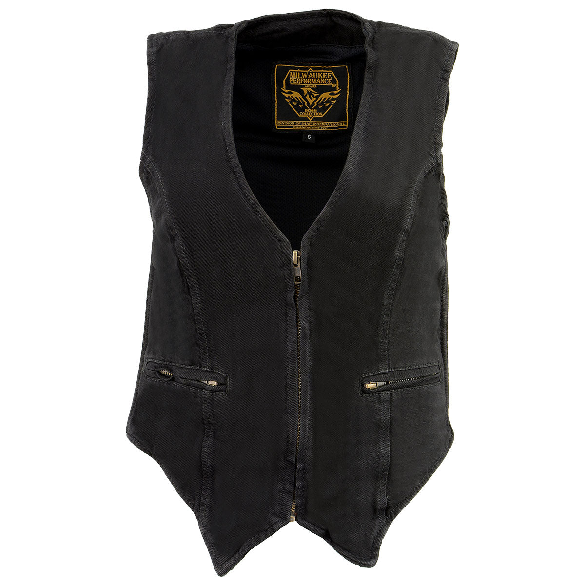 MDL4010 Women's Black Zipper Front Denim Vest with Side Stretch
