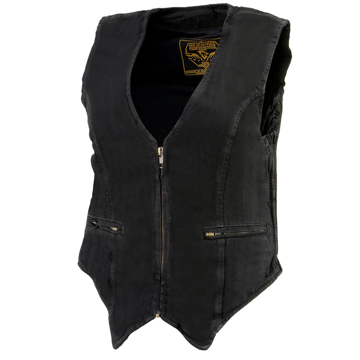 MDL4010 Women's Black Zipper Front Denim Vest with Side Stretch