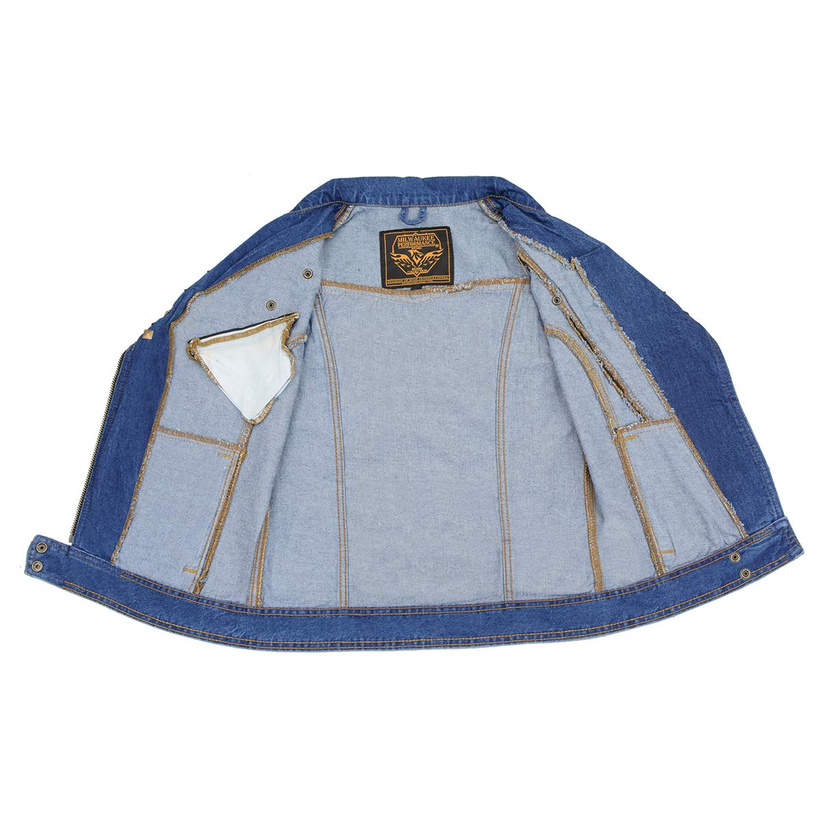 MDL4030 Women's Blue Denim Zipper Front Motorcycle Vest with Studded Spikes