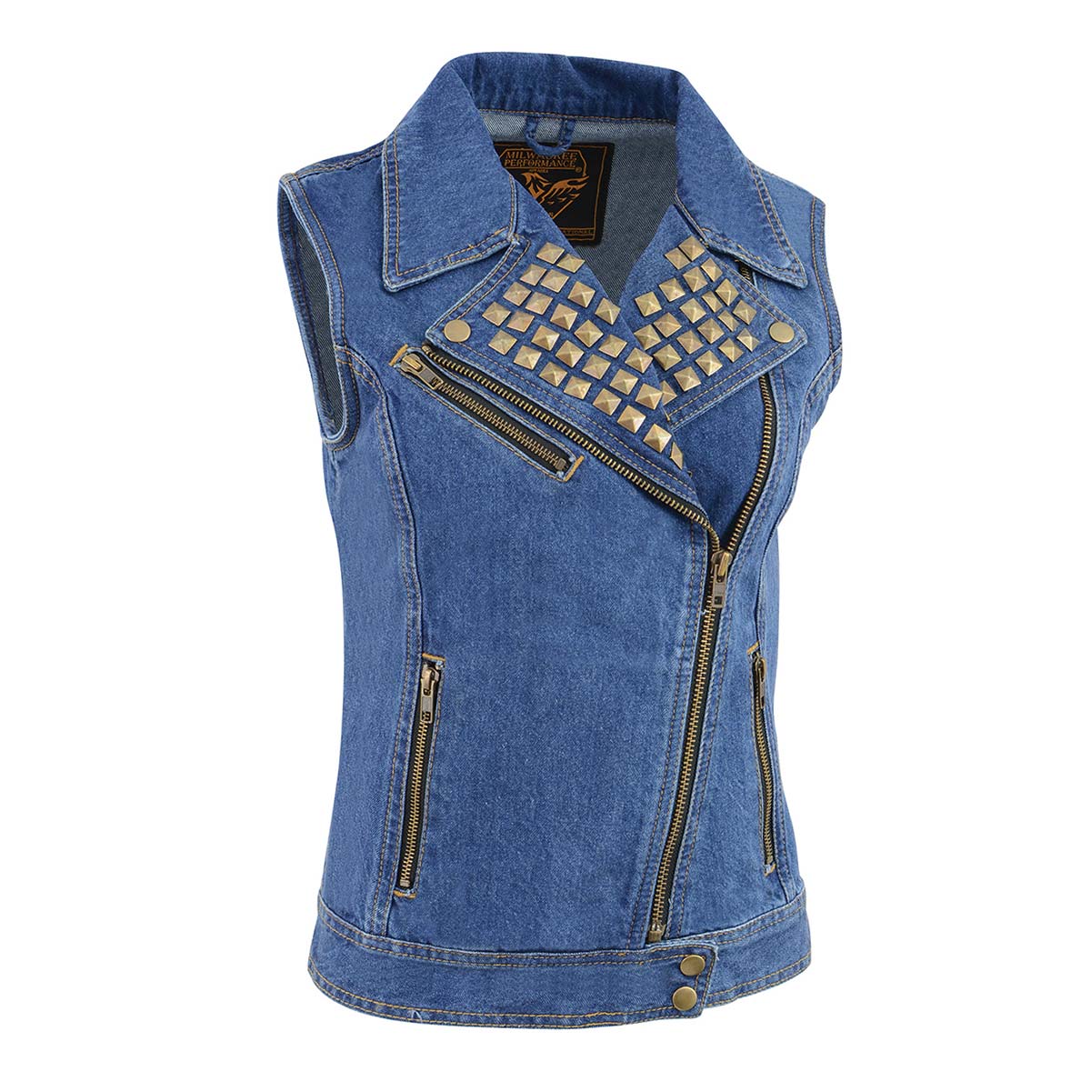MDL4030 Women's Blue Denim Zipper Front Motorcycle Vest with Studded Spikes