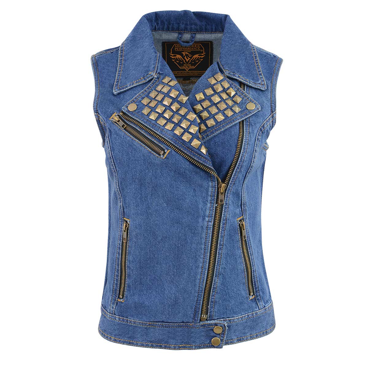 MDL4030 Women's Blue Denim Zipper Front Motorcycle Vest with Studded Spikes