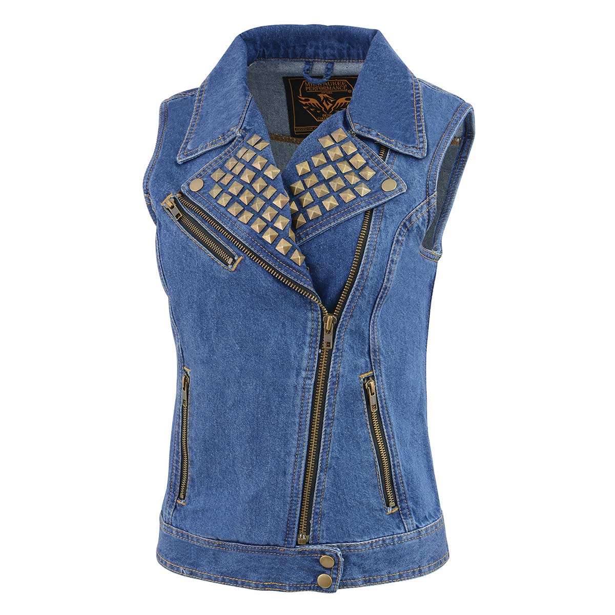MDL4030 Women's Blue Denim Zipper Front Motorcycle Vest with Studded Spikes