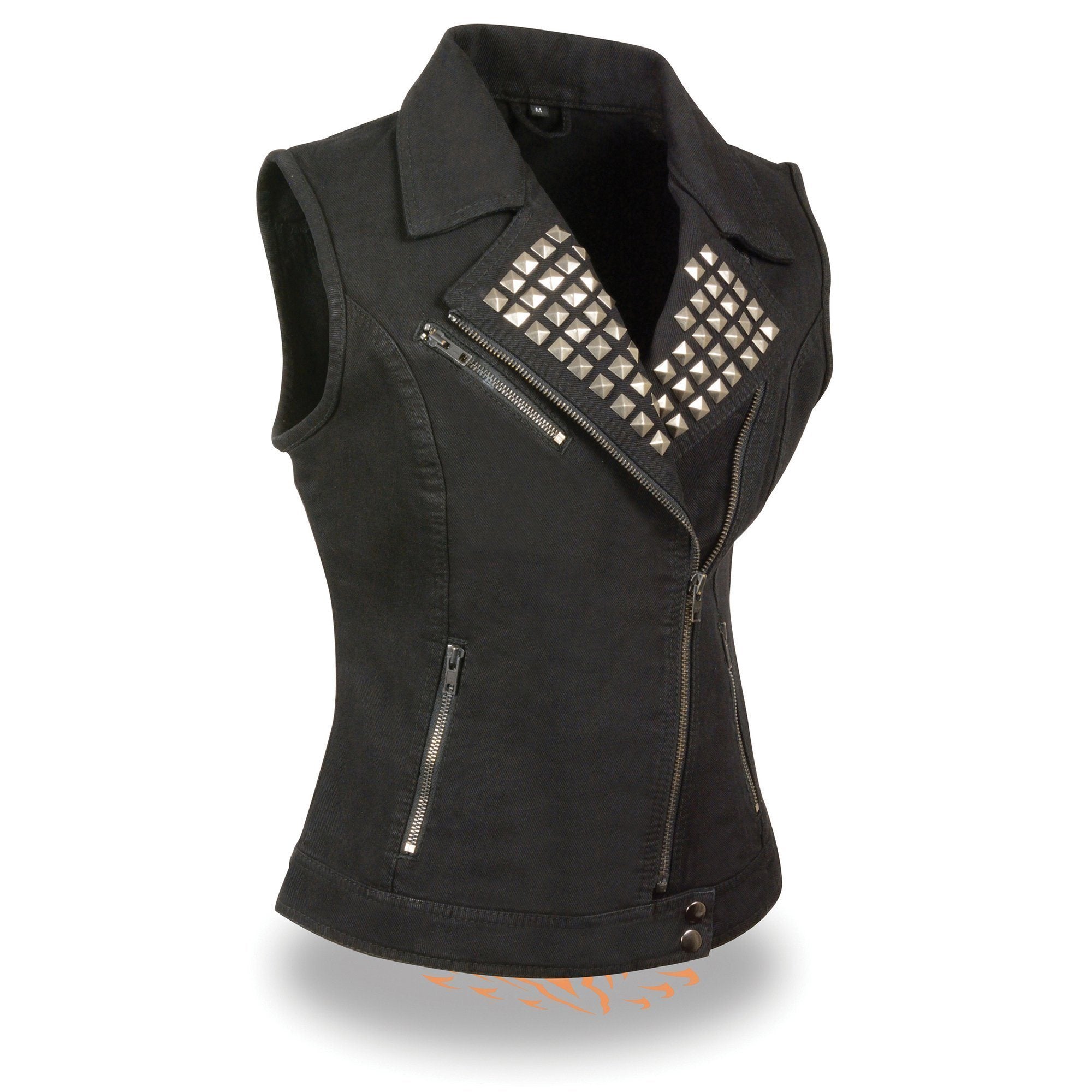 MDL4030 Women's Black Denim Zipper Front Motorcycle Vest with Studded Spikes