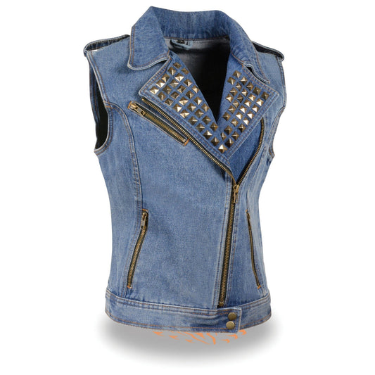 MDL4030 Women's Blue Denim Zipper Front Motorcycle Vest with Studded Spikes