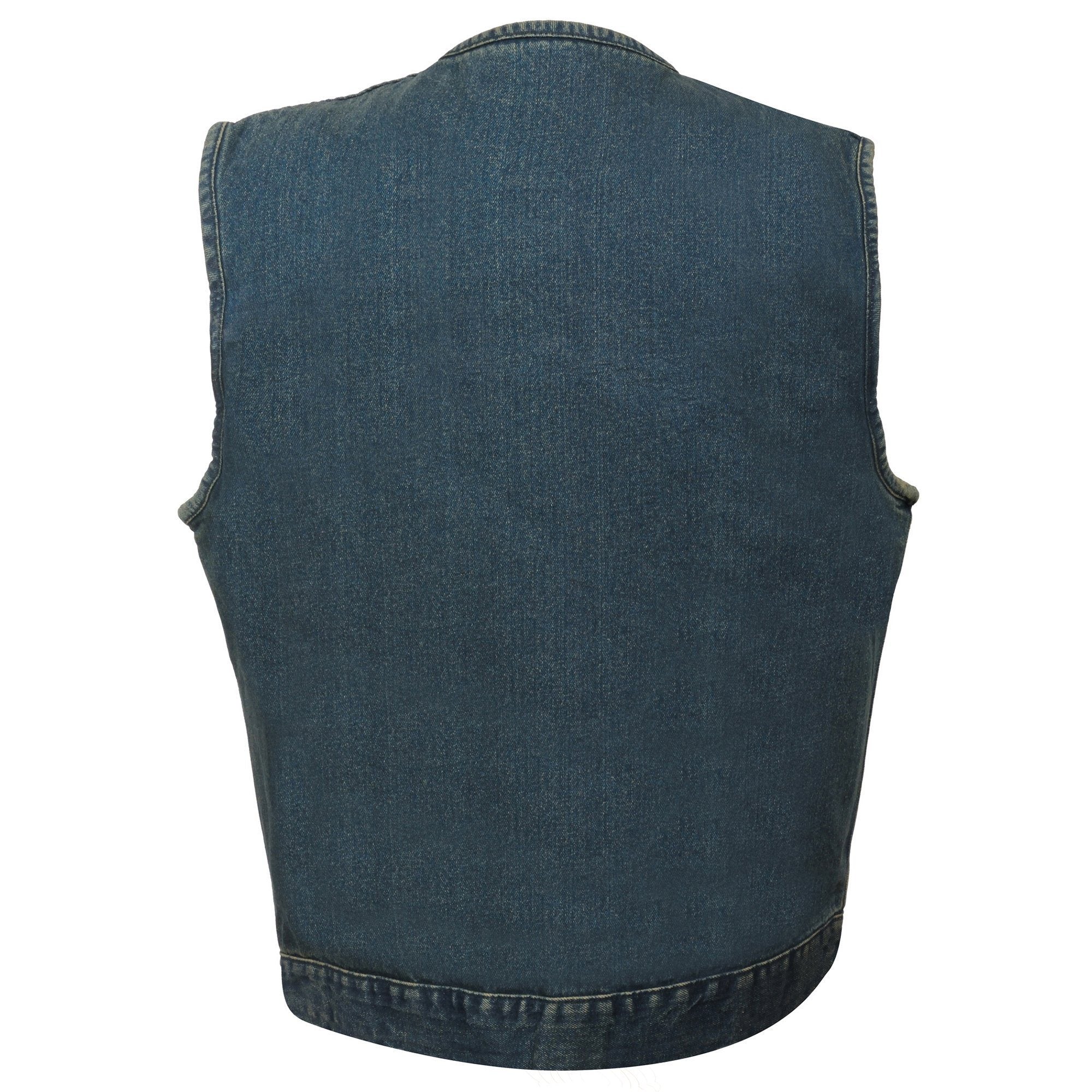 MDM3001 Men's 'Covert' Blue Denim Collarless Club Style Motorcycle Biker Vest w/ Dual Closure