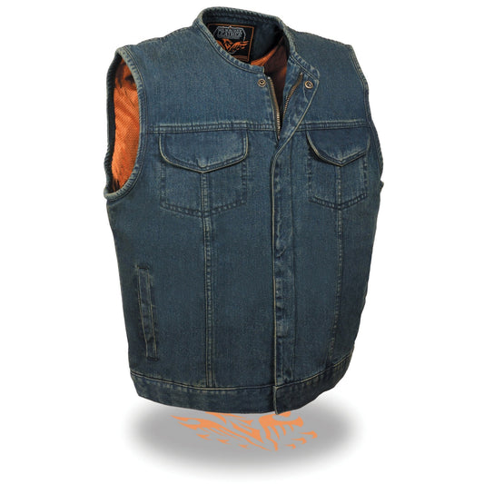 MDM3001 Men's 'Covert' Blue Denim Collarless Club Style Motorcycle Biker Vest w/ Dual Closure