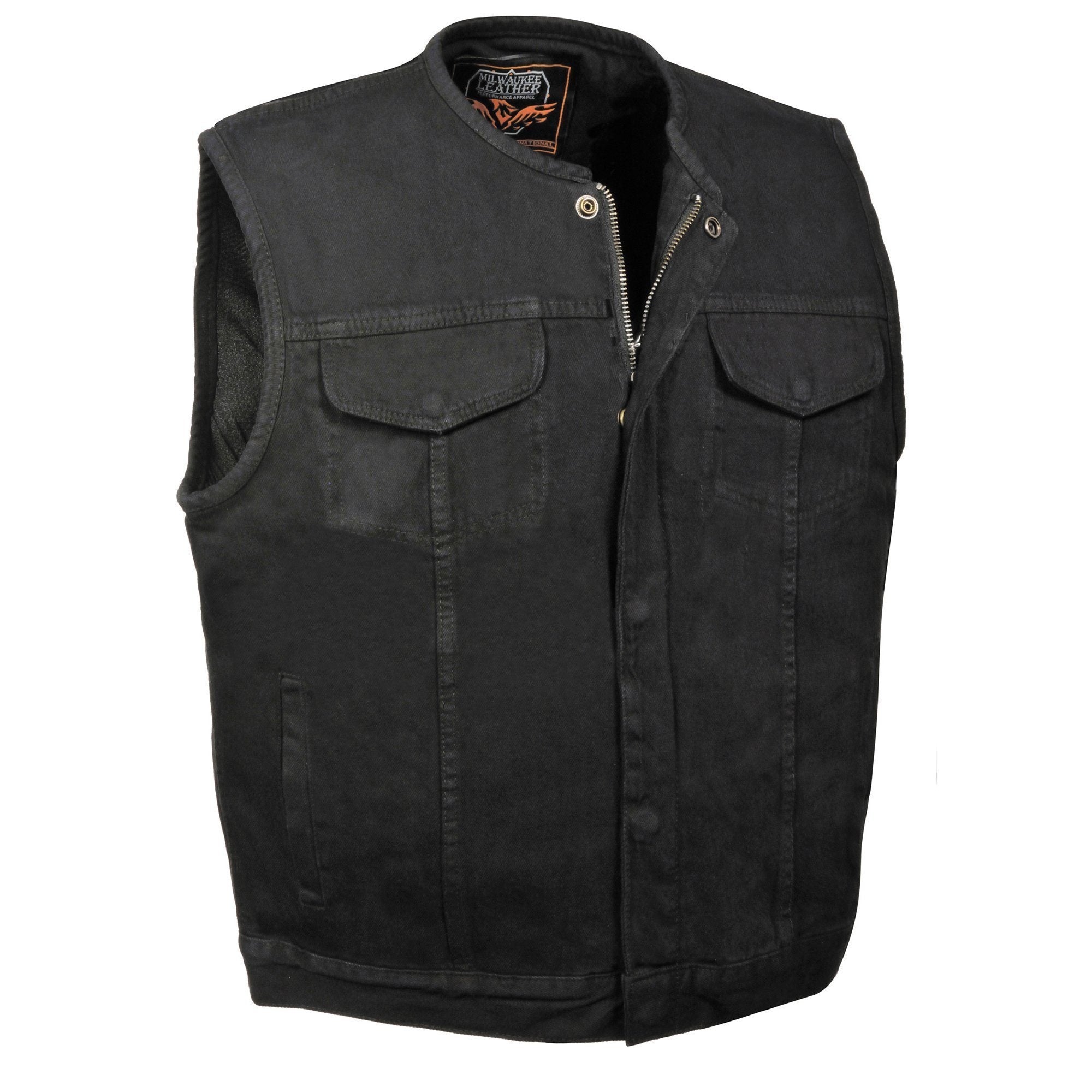 MDM3001 Men's 'Covert' Black Denim Collarless Club Style Motorcycle Biker Vest w/ Dual Closure