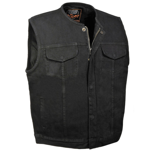 MDM3001 Men's 'Covert' Black Denim Collarless Club Style Motorcycle Biker Vest w/ Dual Closure