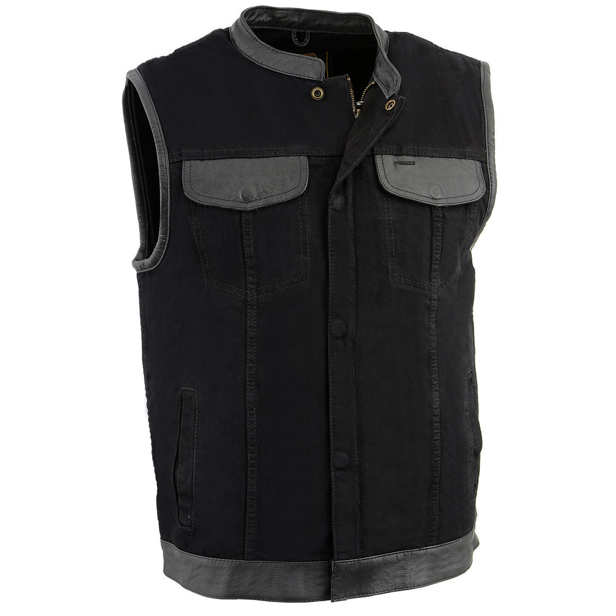 MDM3010 Men's Black Denim Club Style Biker Vest with Leather Trim and Hidden Zipper