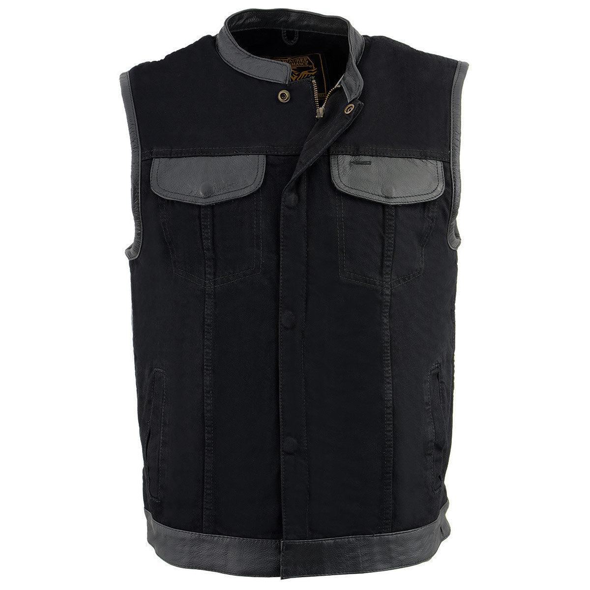 MDM3010 Men's Black Denim Club Style Biker Vest with Leather Trim and Hidden Zipper