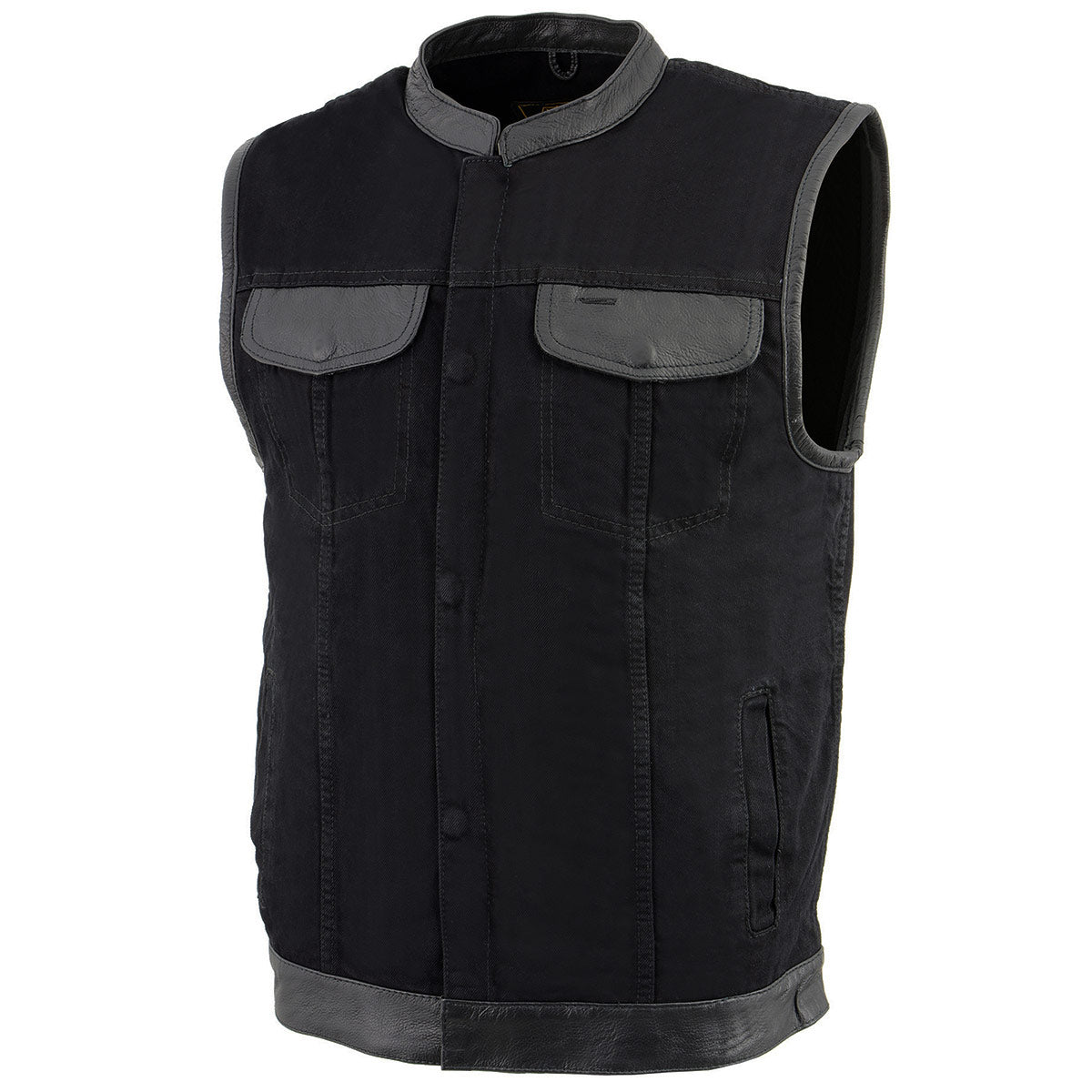 MDM3010 Men's Black Denim Club Style Biker Vest with Leather Trim and Hidden Zipper