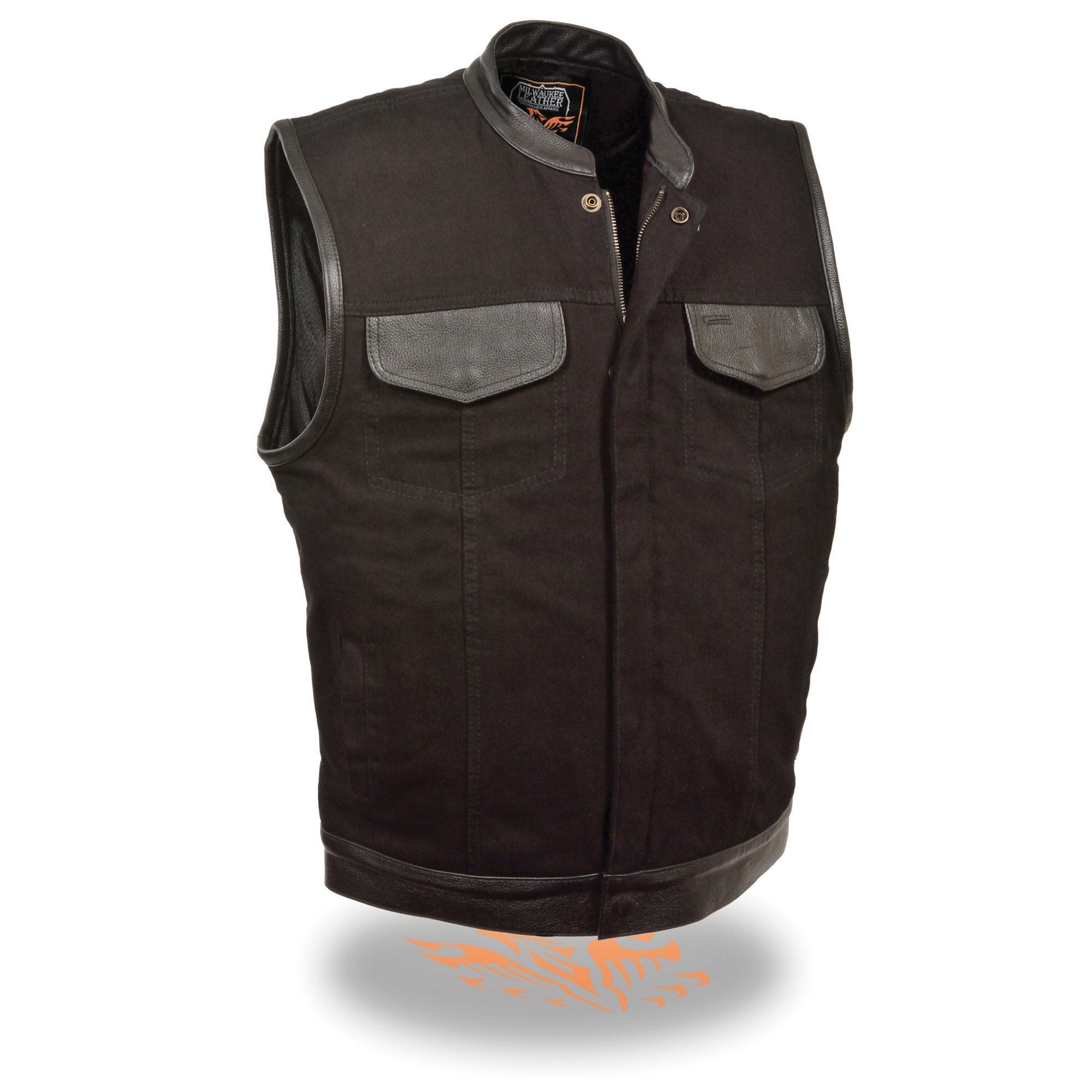 MDM3010 Men's Black Denim Club Style Biker Vest with Leather Trim and Hidden Zipper