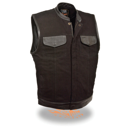MDM3010 Men's Black Denim Club Style Biker Vest with Leather Trim and Hidden Zipper