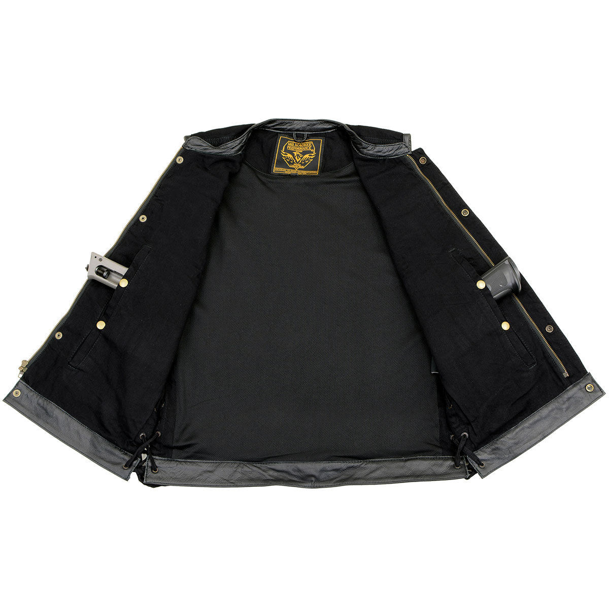 MDM3011 Men's Black 'Hidden Zipper' Side Lace Motorcycle Rider Denim Vest w/ Leather Trim