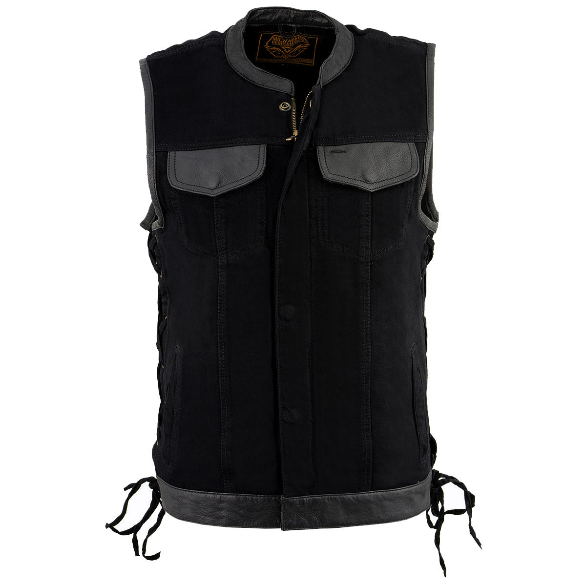 MDM3011 Men's Black 'Hidden Zipper' Side Lace Motorcycle Rider Denim Vest w/ Leather Trim