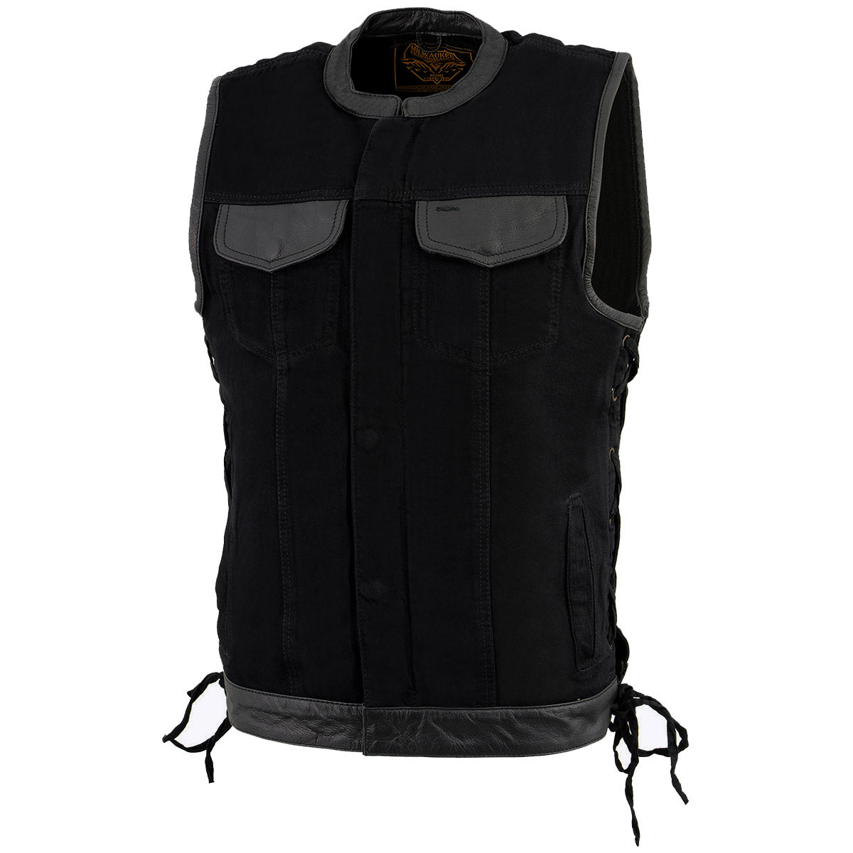 MDM3011 Men's Black 'Hidden Zipper' Side Lace Motorcycle Rider Denim Vest w/ Leather Trim