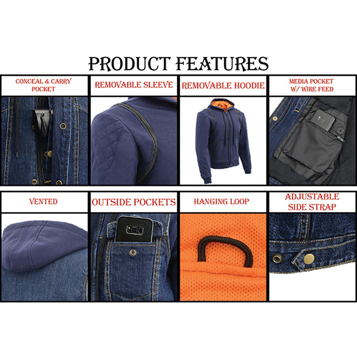 MDM3020 Men's Blue Denim '5-in-1' Club Style Vest with Removable Hoodie