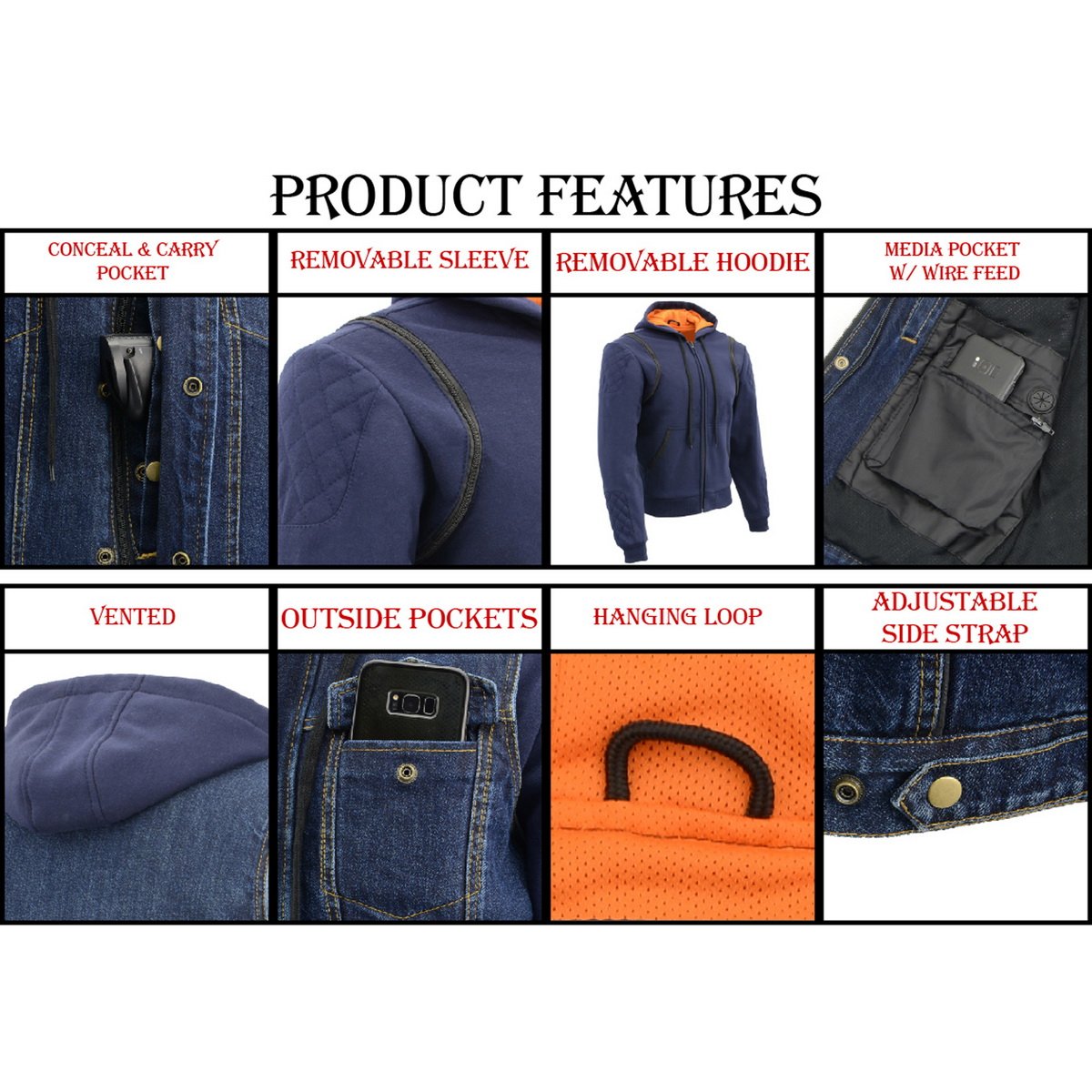 MDM3020 Men's Black Denim '5-in-1' Club Style Vest with Removable Hoodie