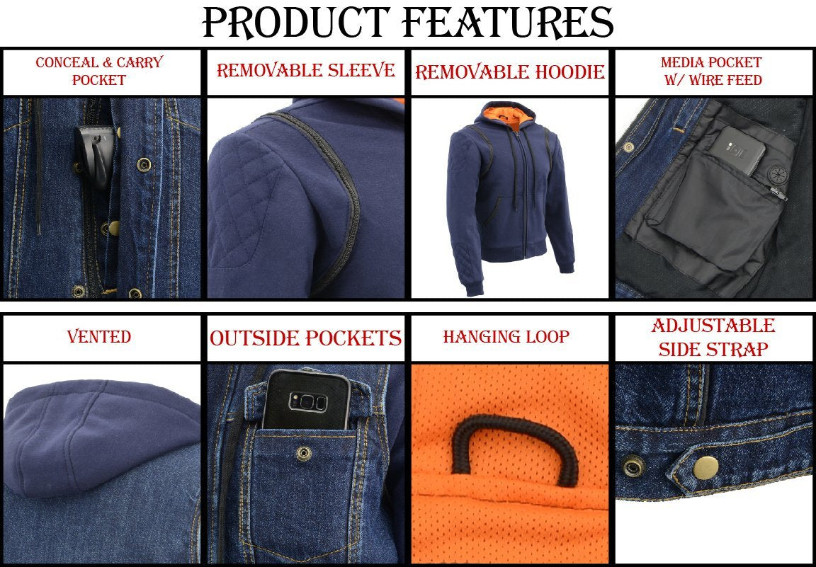 MDM3020 Men's Blue Denim '5-in-1' Club Style Vest with Removable Hoodie