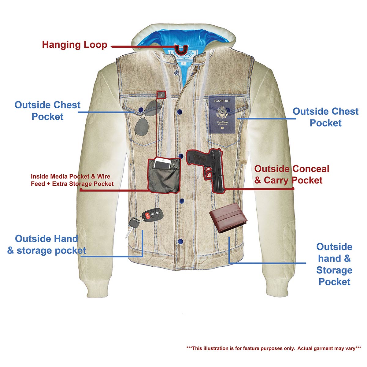 MDM3020 Men's Blue Denim '5-in-1' Club Style Vest with Removable Hoodie