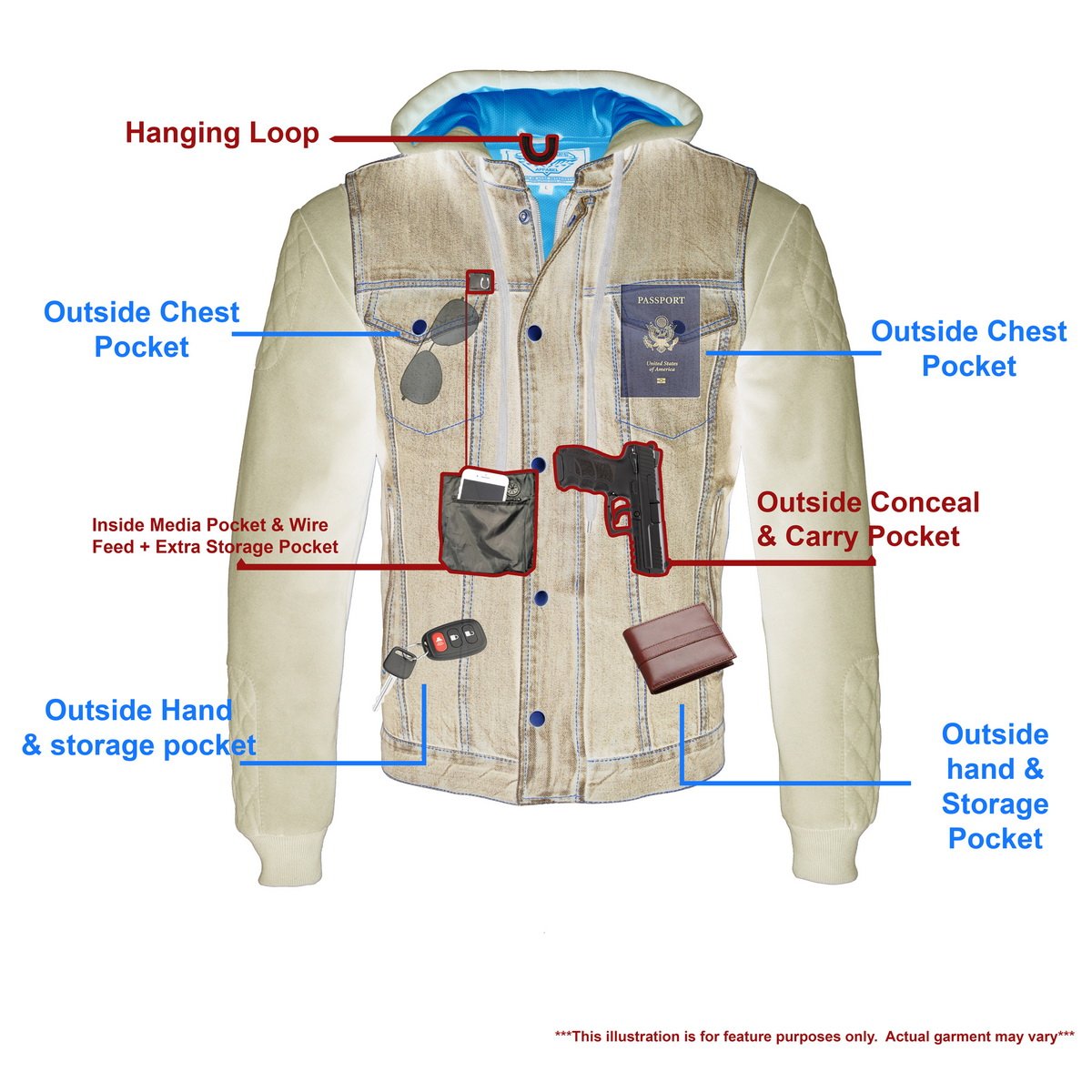 MDM3020 Men's Blue Denim '5-in-1' Club Style Vest with Removable Hoodie