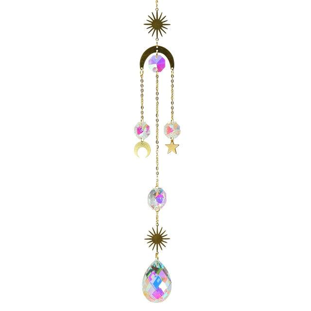 Metallic Hoop Moon Sun Wind Chimes K9 Crystal Prisms Hanging Sun-catcher Rainbow Chaser Window Curtains Pendant Home Decor Gifts For Wall Hanging Decor Room Home Photography Prop