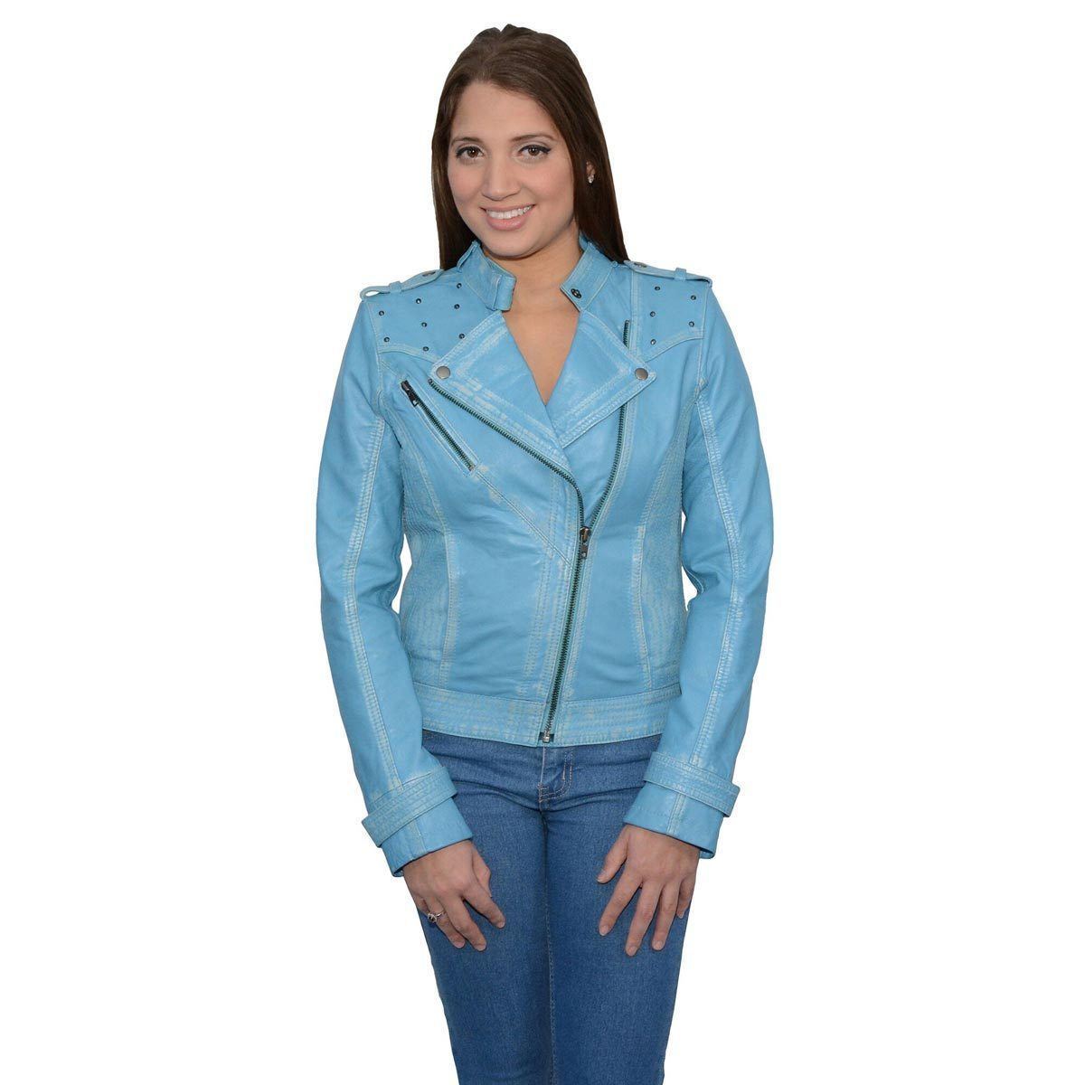 Women's Maiden Aqua Premium Sheepskin Motorcycle Fashion Leather Jacket with Studs SFL2840