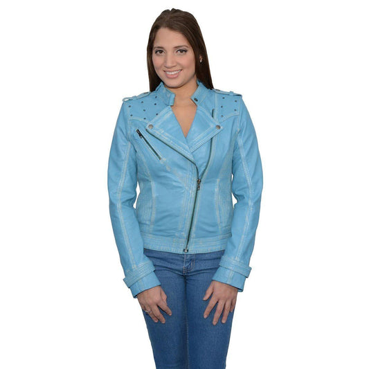 Women's Maiden Aqua Premium Sheepskin Motorcycle Fashion Leather Jacket with Studs SFL2840