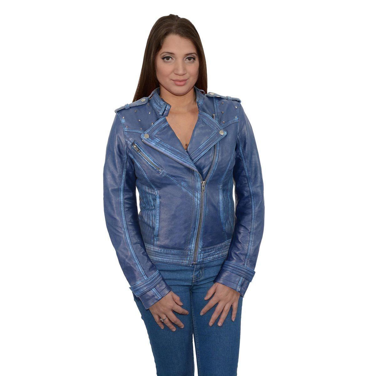 Women's Maiden Royal Blue Premium Sheepskin Motorcycle Fashion Leather Jacket with Studs SFL2840