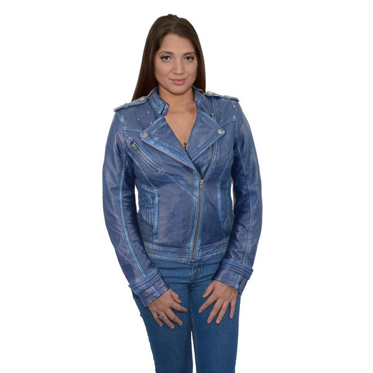 Women's Maiden Royal Blue Premium Sheepskin Motorcycle Fashion Leather Jacket with Studs SFL2840