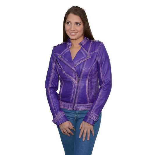 Women's Maiden Purple Premium Sheepskin Motorcycle Fashion Leather Jacket with Studs SFL2840