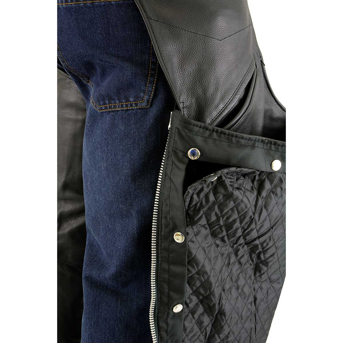 Chaps for Men's Black Premium Leather Motorcycle Chaps w/ Snap Out Thermal Liner-Slash Pocket-ML1103