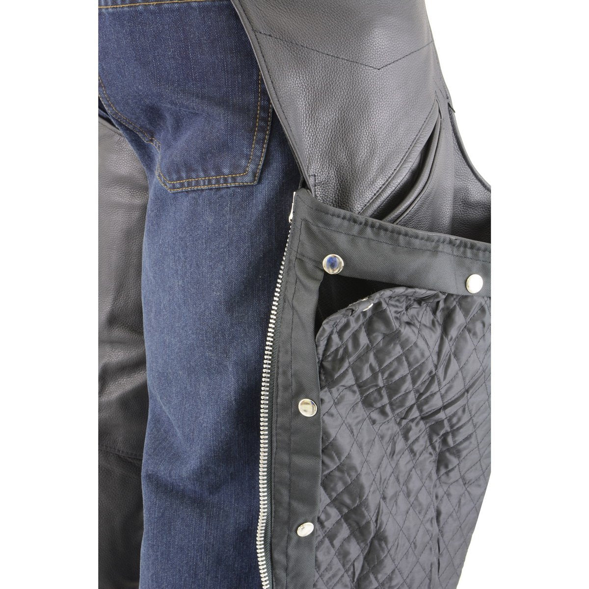 Chaps for Men's Black Premium Leather Motorcycle Chaps w/ Snap Out Thermal Liner-Slash Pocket-ML1103