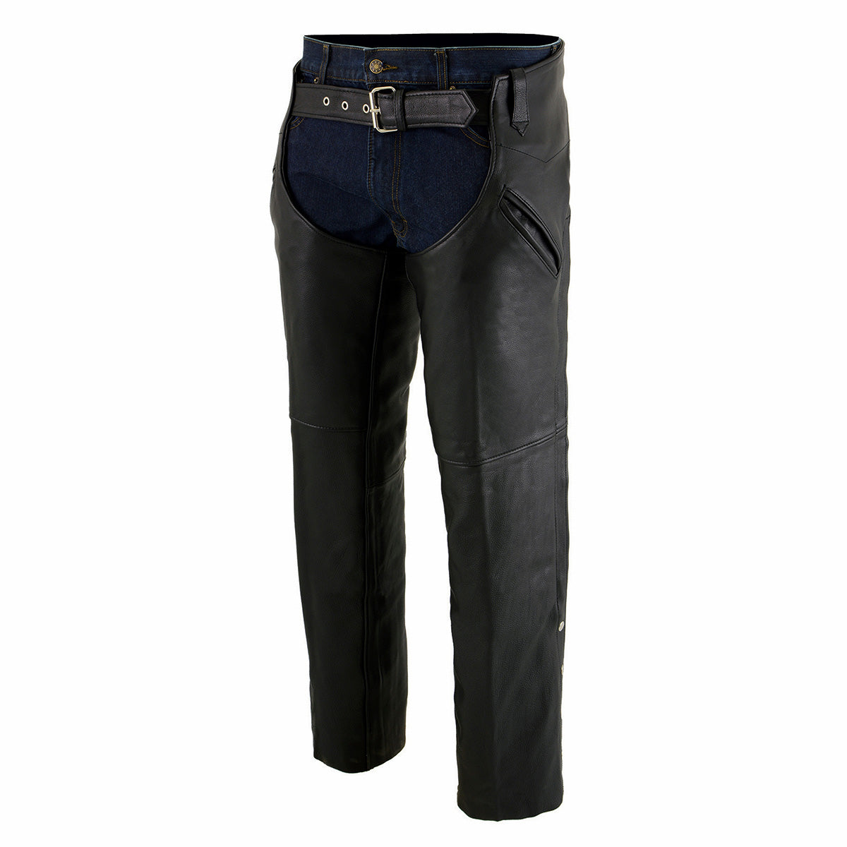 Chaps for Men's Black Premium Leather Motorcycle Chaps w/ Snap Out Thermal Liner-Slash Pocket-ML1103