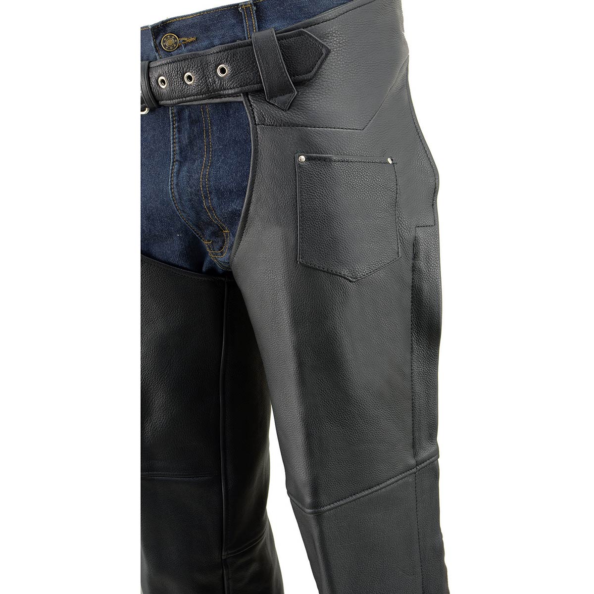 Chaps for Men's Black Premium Leather Fully Lined  Motorcycle Chaps w/ Front Coin Pocket-ML1115