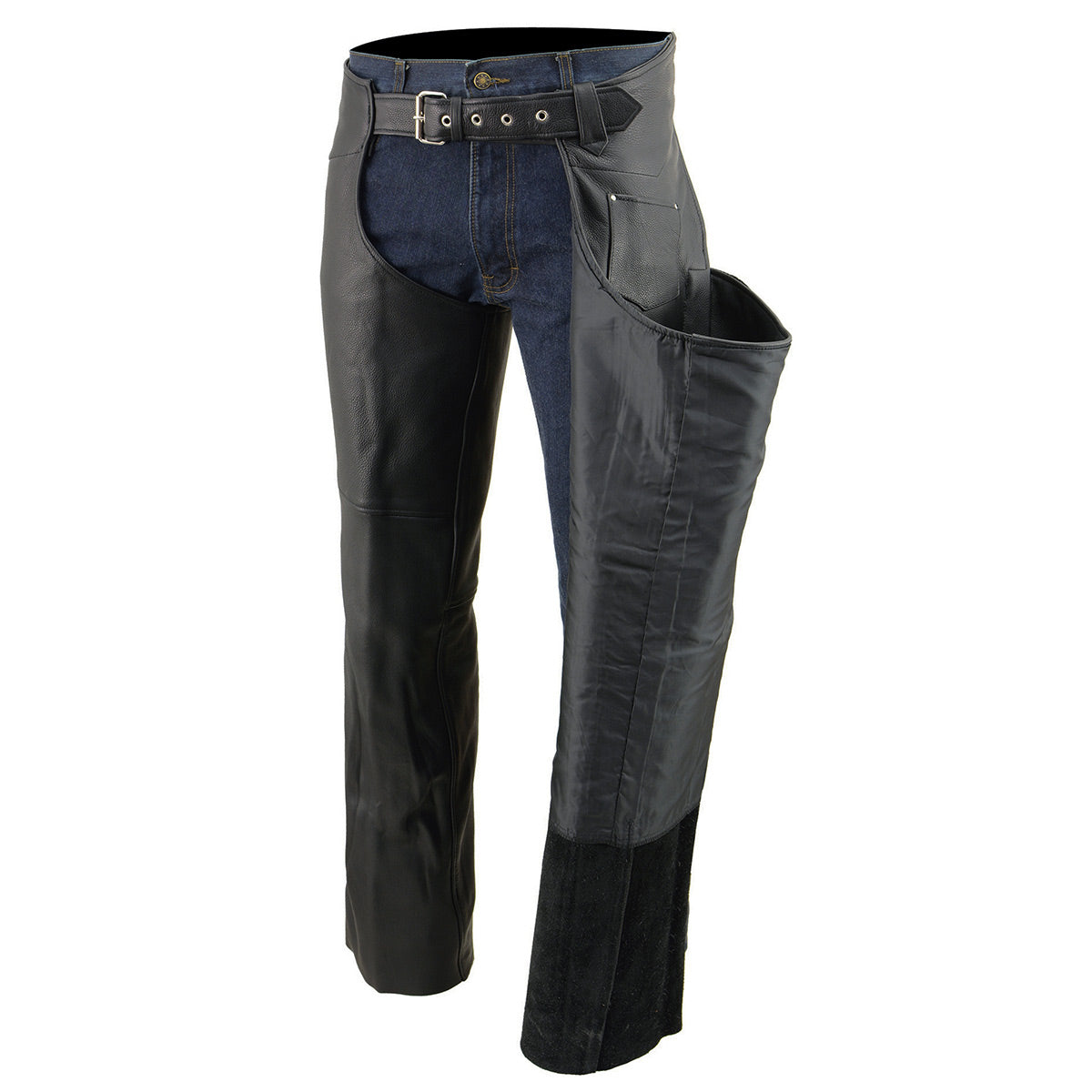 Chaps for Men's Black Premium Leather Fully Lined  Motorcycle Chaps w/ Front Coin Pocket-ML1115