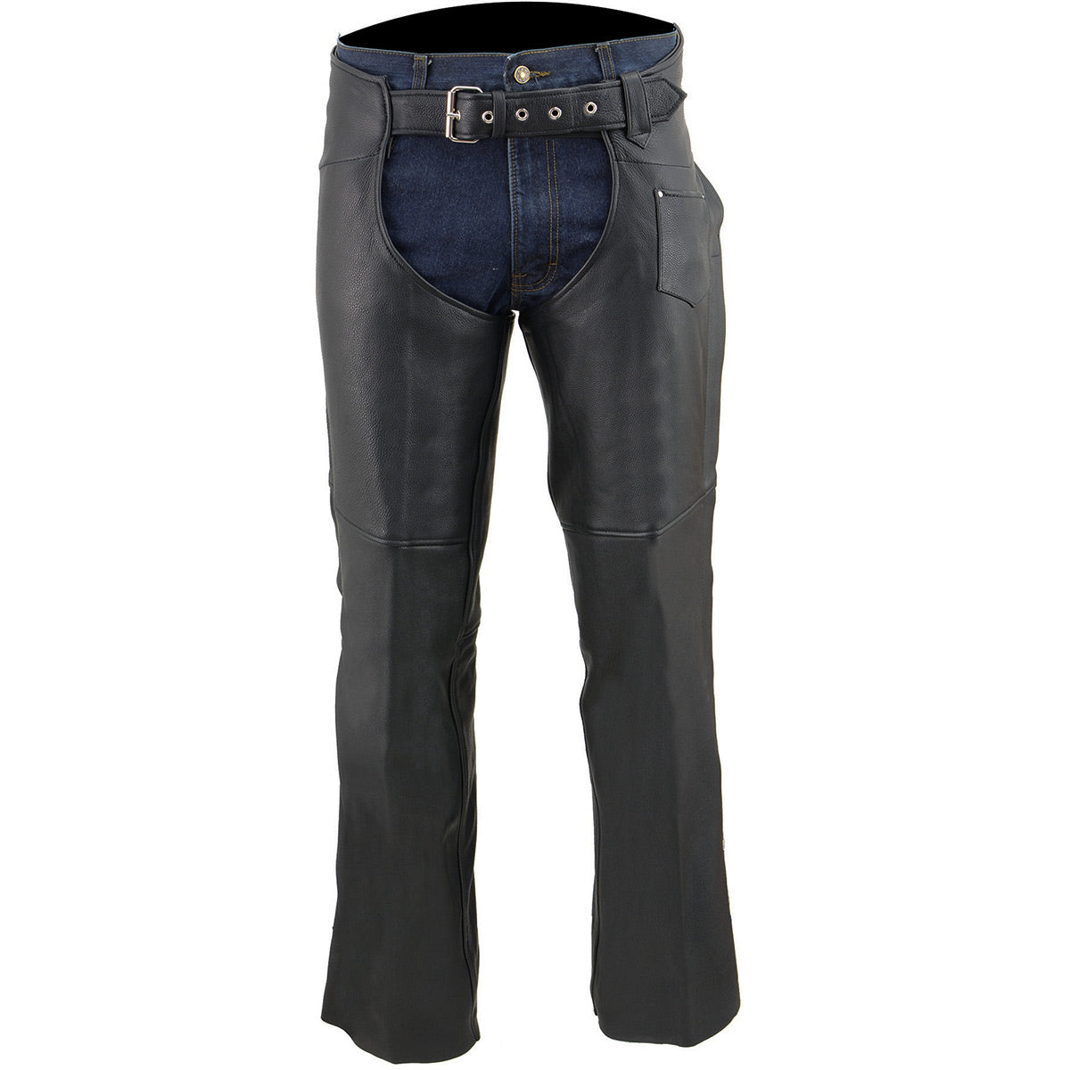 Chaps for Men's Black Premium Leather Fully Lined  Motorcycle Chaps w/ Front Coin Pocket-ML1115