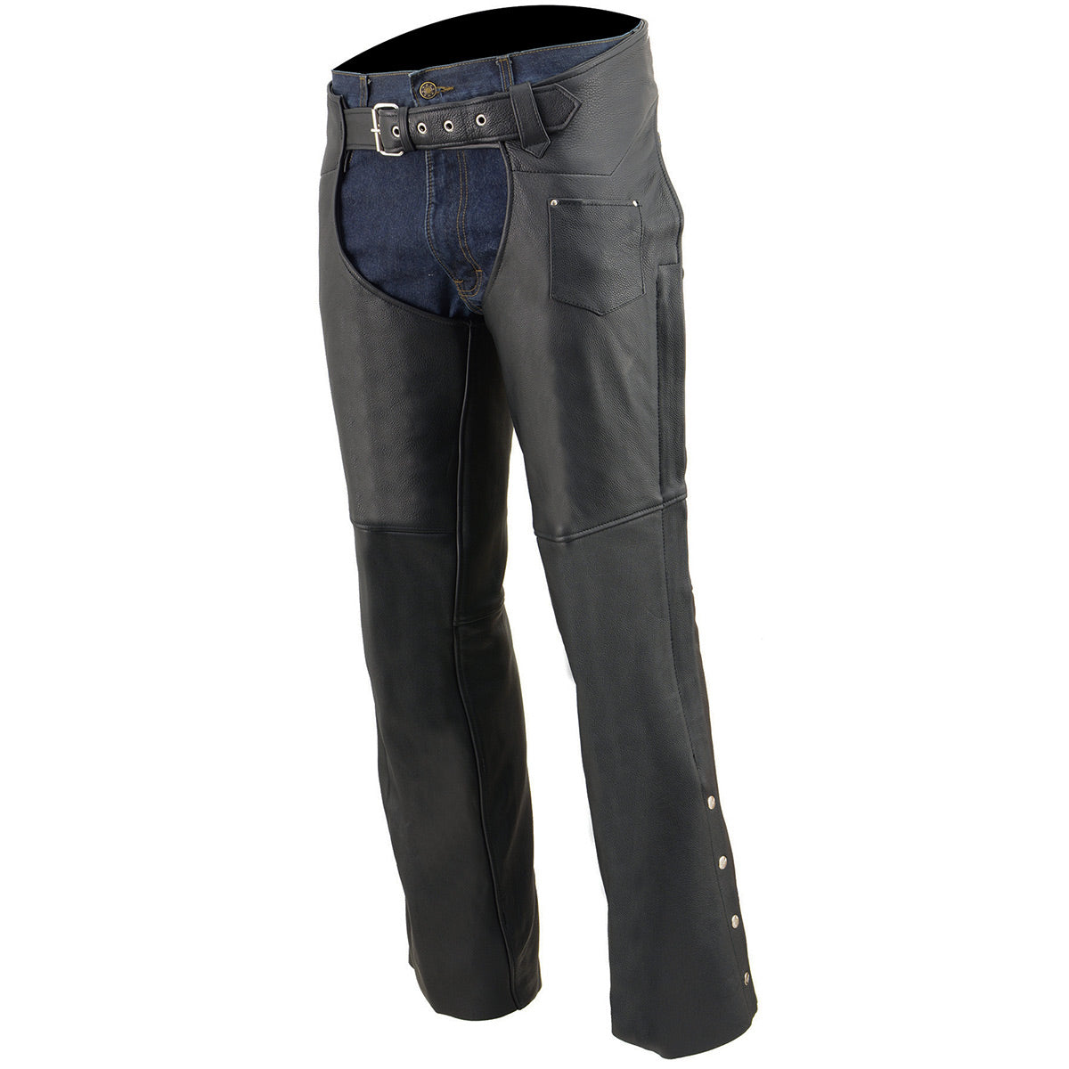 Chaps for Men's Black Premium Leather Fully Lined  Motorcycle Chaps w/ Front Coin Pocket-ML1115